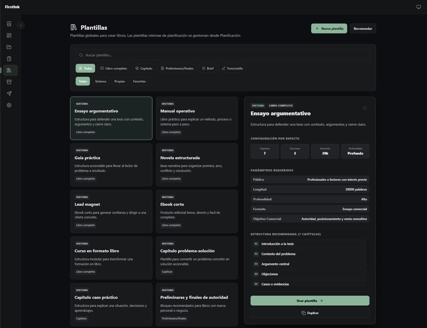 Biblioteca de plantillas con configuración paramétrica y estructura recomendada